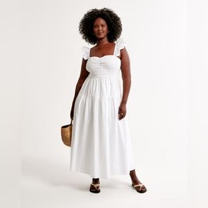 NWT Abercrombie & Fitch White Poplin Ruffle Strap Smocked Midi Dress Size XS